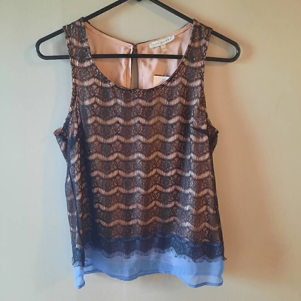 Red Haute Silk Sleeveless Blouse With Lace Overlay